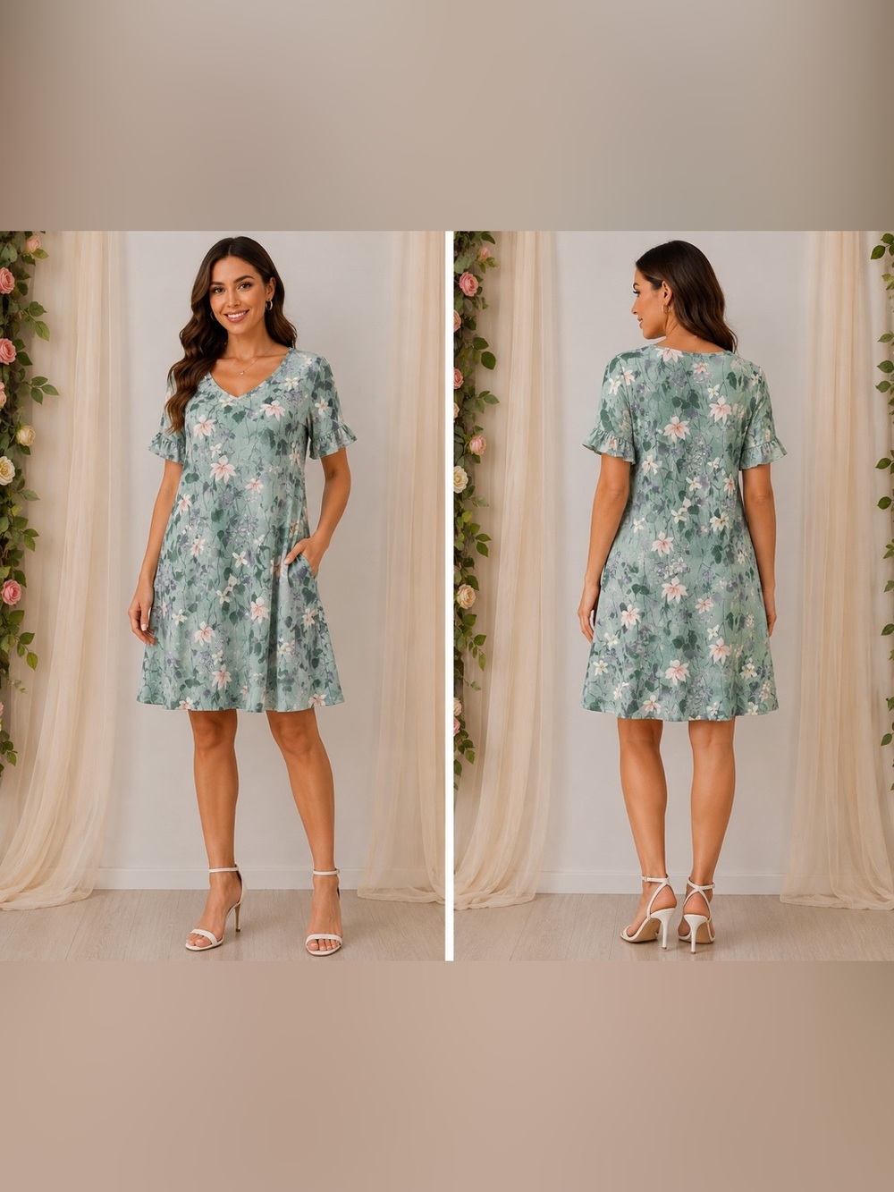 Mint Green Floral V Neck Ruffle Sleeve Pocket Dress Size Small NWT
